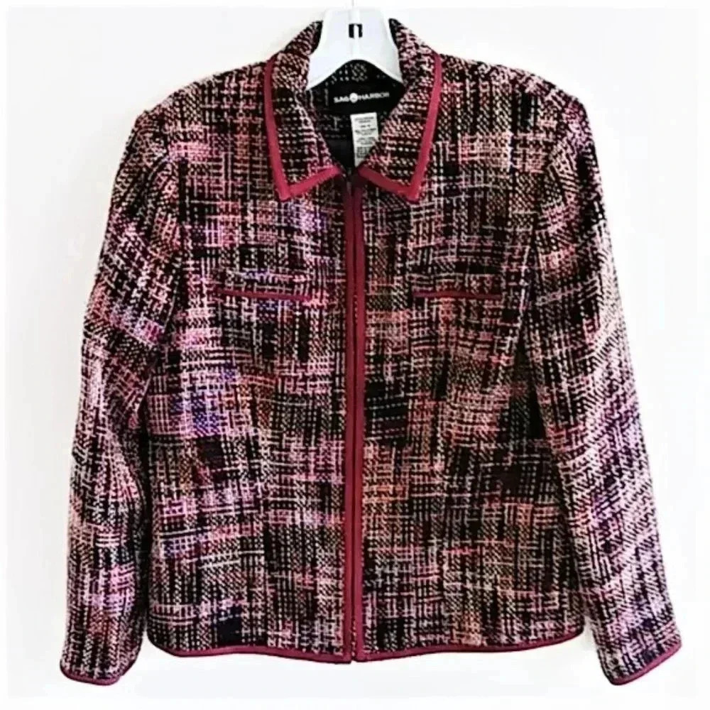 Sag Harbor Womens Tweed Zip Front Jacket Pink Burgundy Purple Size 8 F43191JC